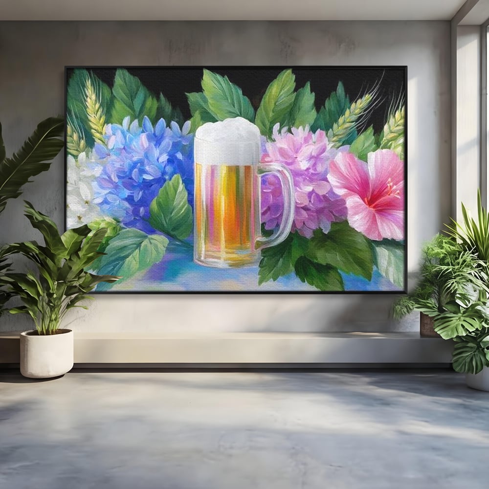 Tablou Canvas Premium, LuxCanva® N1139, Flori de Hamei, Bere, Bautura, Halba, Spuma, Racoritor, Natural, Pastelat, Flori, Petale, Pub, Bar, Lounge, Restaurant, Bucatarie