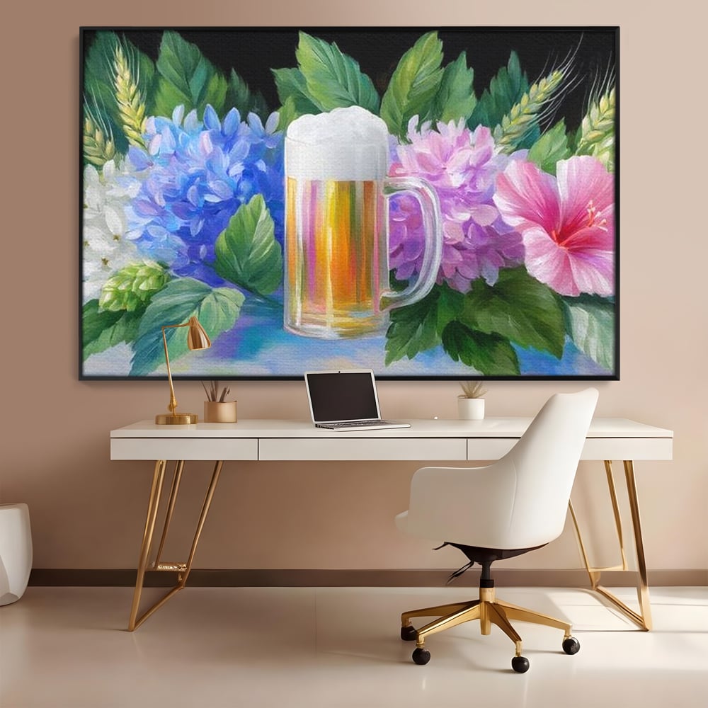 Tablou Canvas Premium, LuxCanva® N1139, Flori de Hamei, Bere, Bautura, Halba, Spuma, Racoritor, Natural, Pastelat, Flori, Petale, Pub, Bar, Lounge, Restaurant, Bucatarie