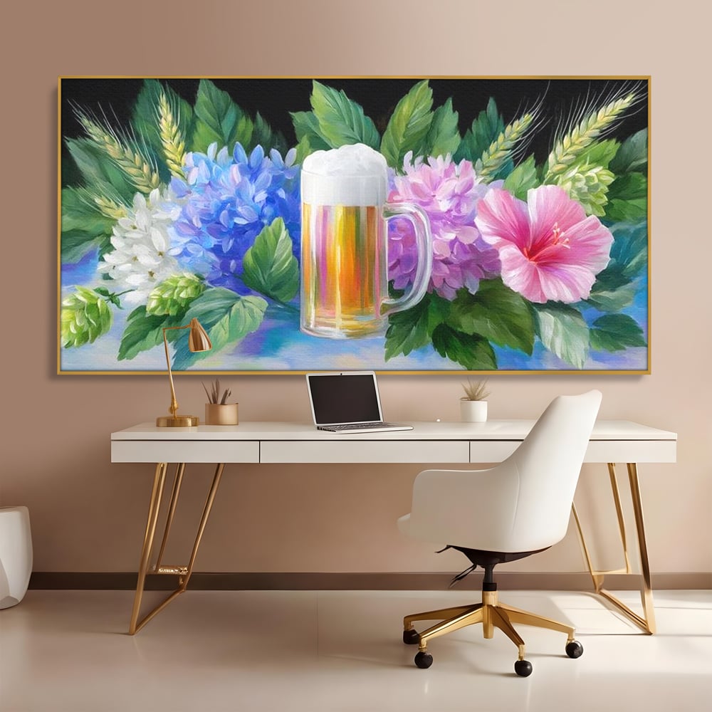 Tablou Canvas Premium, LuxCanva® N1139, Flori de Hamei, Bere, Bautura, Halba, Spuma, Racoritor, Natural, Pastelat, Flori, Petale, Pub, Bar, Lounge, Restaurant, Bucatarie