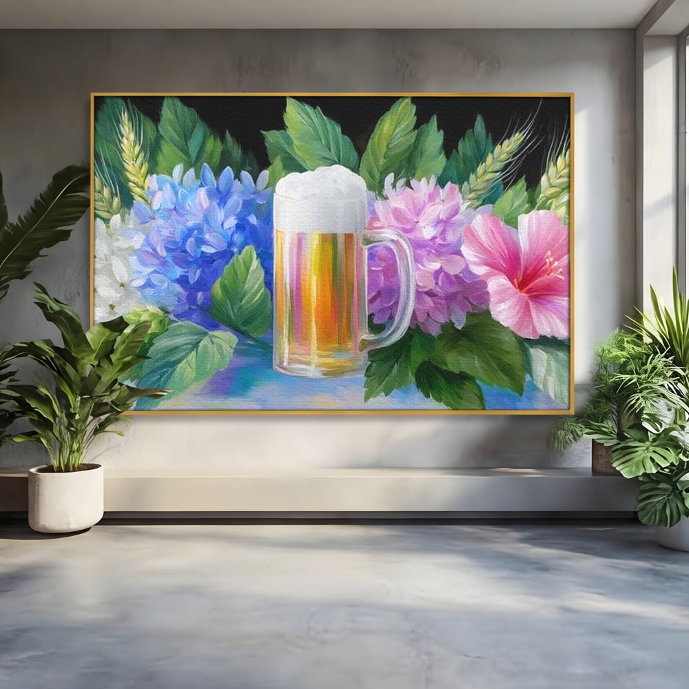 Tablou Canvas Premium, LuxCanva® N1139, Flori de Hamei, Bere, Bautura, Halba, Spuma, Racoritor, Natural, Pastelat, Flori, Petale, Pub, Bar, Lounge, Restaurant, Bucatarie