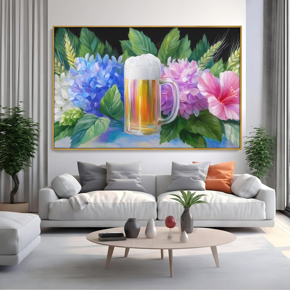Tablou Canvas Premium, LuxCanva® N1139, Flori de Hamei, Bere, Bautura, Halba, Spuma, Racoritor, Natural, Pastelat, Flori, Petale, Pub, Bar, Lounge, Restaurant, Bucatarie