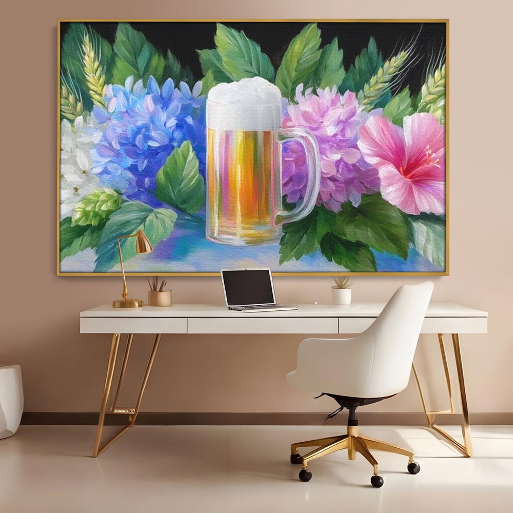 Tablou Canvas Premium, LuxCanva® N1139, Flori de Hamei, Bere, Bautura, Halba, Spuma, Racoritor, Natural, Pastelat, Flori, Petale, Pub, Bar, Lounge, Restaurant, Bucatarie