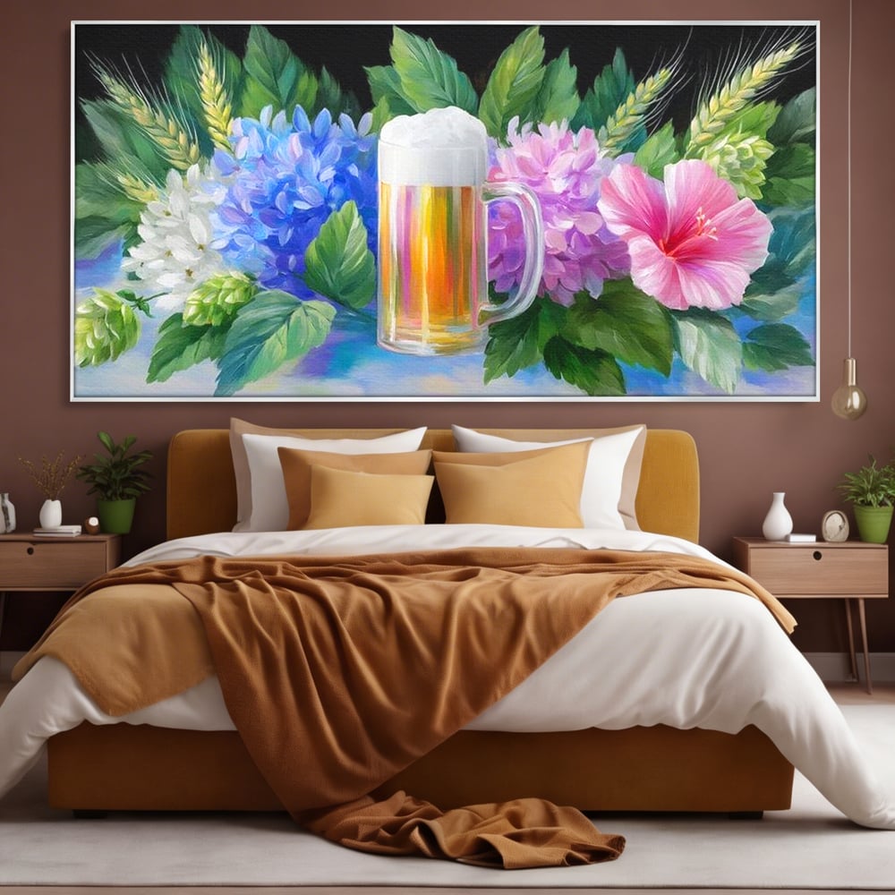 Tablou Canvas Premium, LuxCanva® N1139, Flori de Hamei, Bere, Bautura, Halba, Spuma, Racoritor, Natural, Pastelat, Flori, Petale, Pub, Bar, Lounge, Restaurant, Bucatarie