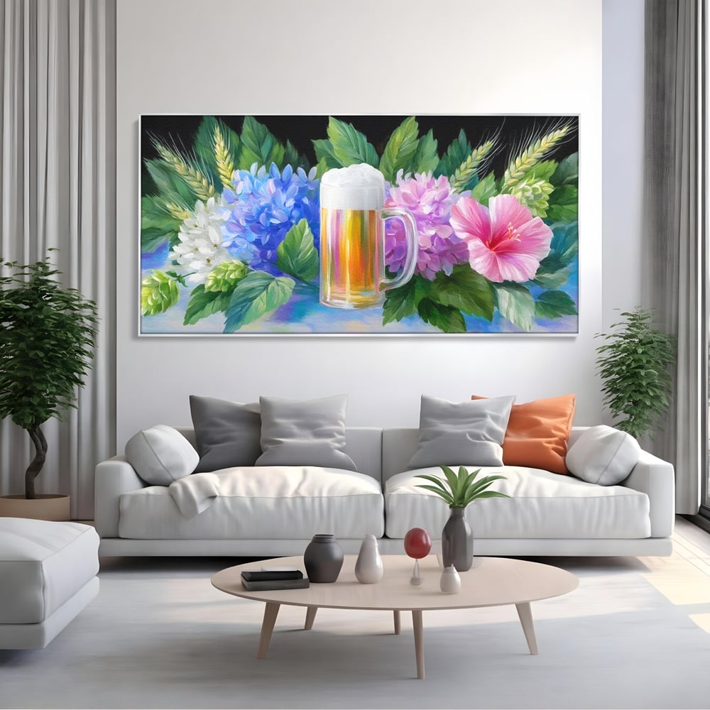 Tablou Canvas Premium, LuxCanva® N1139, Flori de Hamei, Bere, Bautura, Halba, Spuma, Racoritor, Natural, Pastelat, Flori, Petale, Pub, Bar, Lounge, Restaurant, Bucatarie