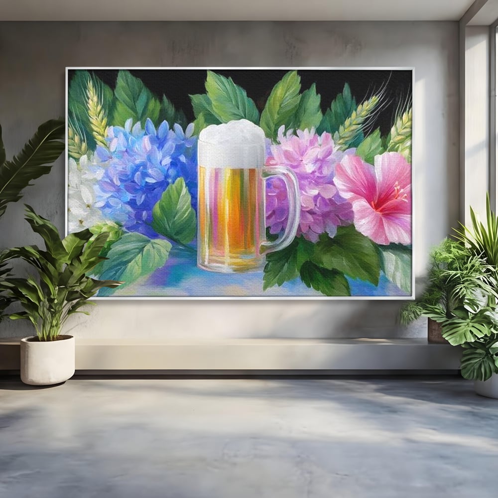 Tablou Canvas Premium, LuxCanva® N1139, Flori de Hamei, Bere, Bautura, Halba, Spuma, Racoritor, Natural, Pastelat, Flori, Petale, Pub, Bar, Lounge, Restaurant, Bucatarie