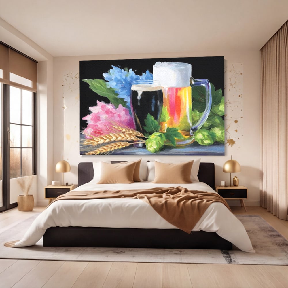 Leinwand Premium Canvas Wall Art, LuxCanva® N1140, Sommer Elixier, Sommer Elixier, Getränk, Glas, erfrischend, Schaum, Getränk, Bier, Hopfen, Malerei, Getreide, böhmisch, Kneipe, Bar, Lounge, Restaurant, Küche