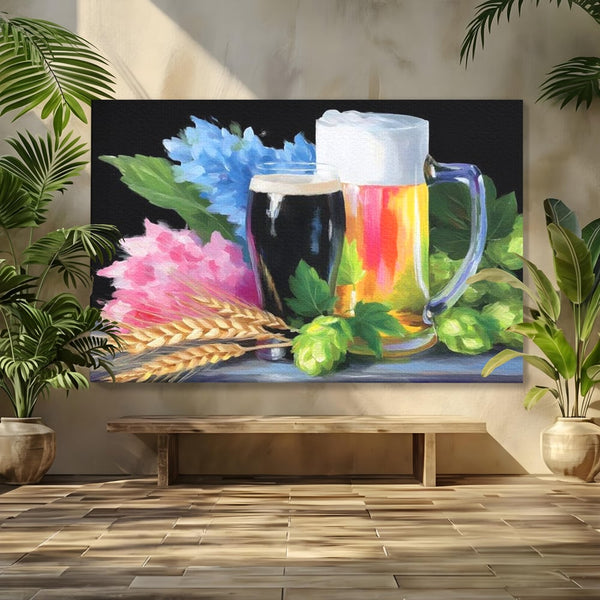 Leinwand Premium Canvas Wall Art, LuxCanva® N1140, Sommer Elixier, Sommer Elixier, Getränk, Glas, erfrischend, Schaum, Getränk, Bier, Hopfen, Malerei, Getreide, böhmisch, Kneipe, Bar, Lounge, Restaurant, Küche