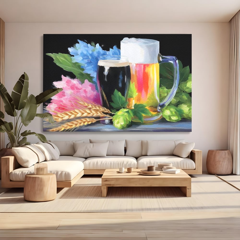 Leinwand Premium Canvas Wall Art, LuxCanva® N1140, Sommer Elixier, Sommer Elixier, Getränk, Glas, erfrischend, Schaum, Getränk, Bier, Hopfen, Malerei, Getreide, böhmisch, Kneipe, Bar, Lounge, Restaurant, Küche
