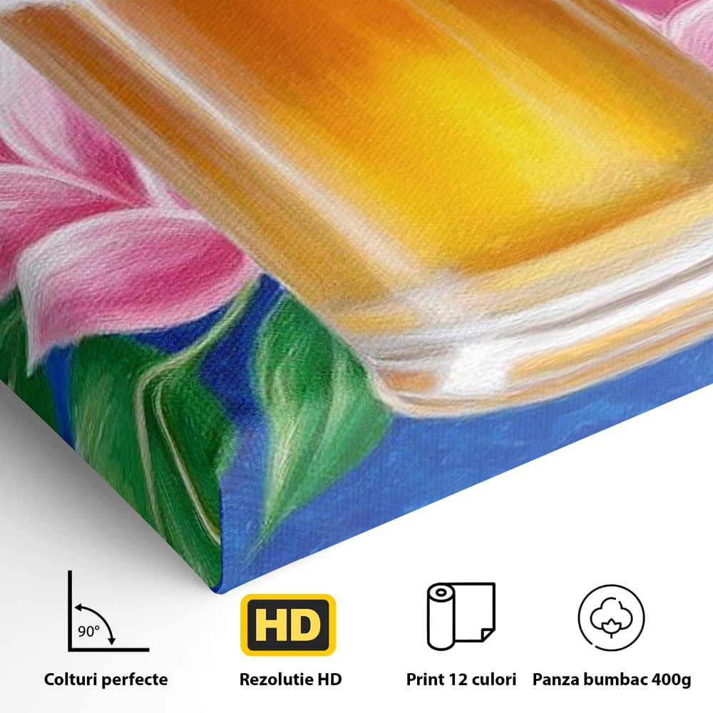 Tablou Canvas Premium, LuxCanva® N1141, Halba de Aur, Flori, Frunze, Bautura, Bere, Halba, Hamei, Racoritor, Spuma, Culori Vibrante, Pub, Bar, Lounge, Restaurant, Bucatarie