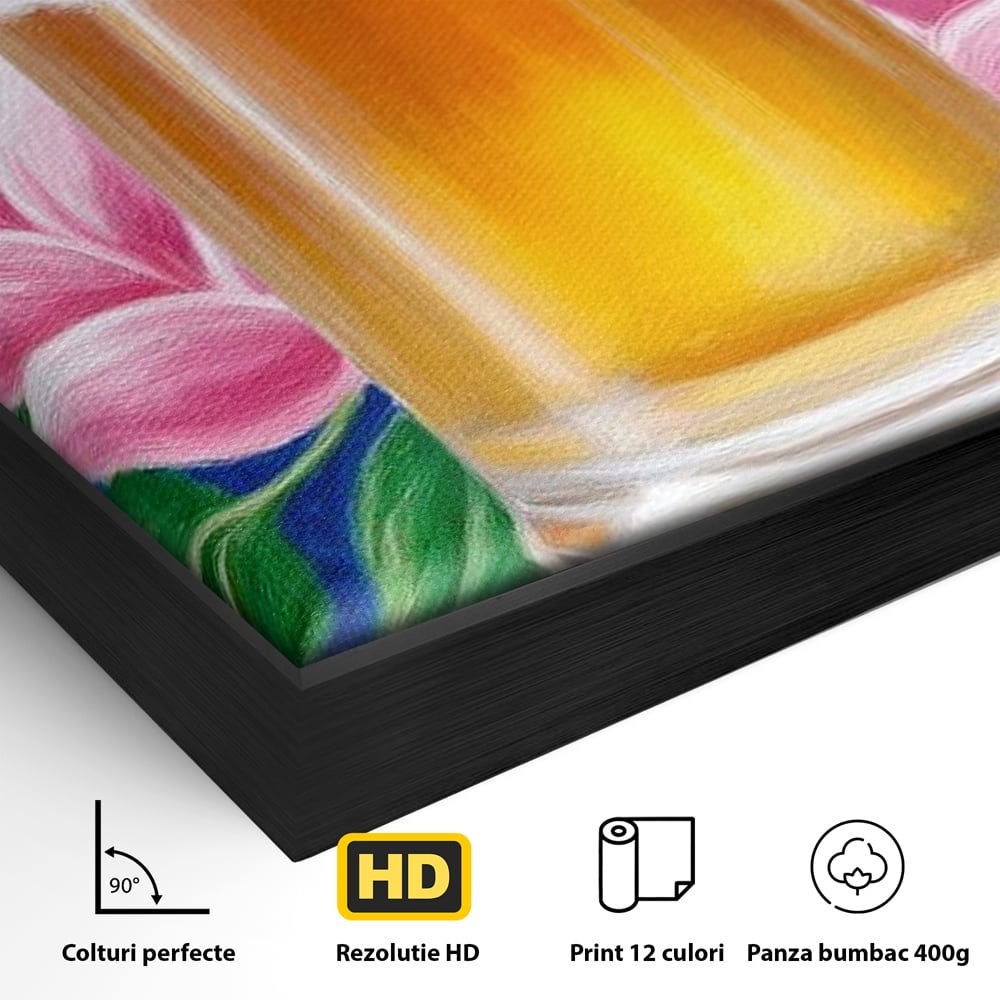 Tablou Canvas Premium, LuxCanva® N1141, Halba de Aur, Flori, Frunze, Bautura, Bere, Halba, Hamei, Racoritor, Spuma, Culori Vibrante, Pub, Bar, Lounge, Restaurant, Bucatarie