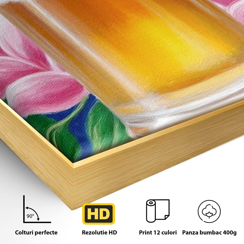 Tablou Canvas Premium, LuxCanva® N1141, Halba de Aur, Flori, Frunze, Bautura, Bere, Halba, Hamei, Racoritor, Spuma, Culori Vibrante, Pub, Bar, Lounge, Restaurant, Bucatarie