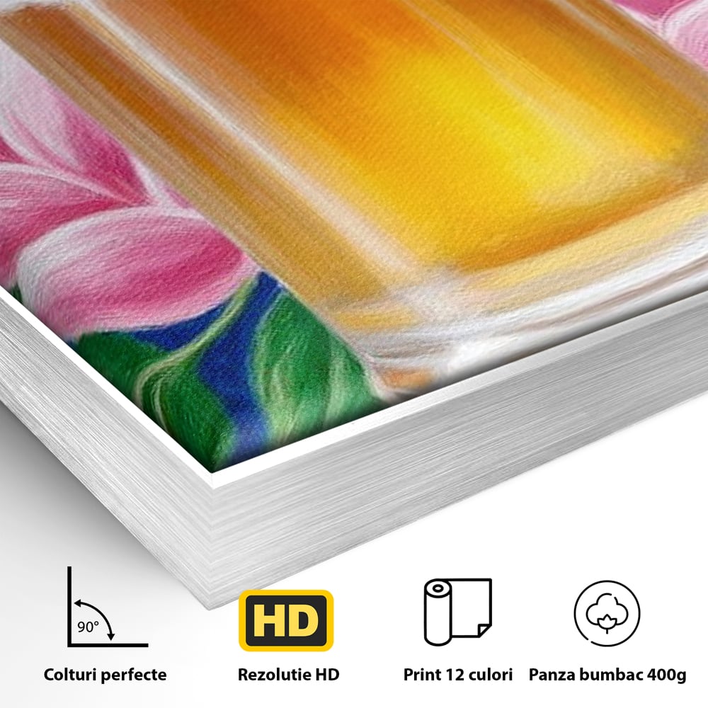 Tablou Canvas Premium, LuxCanva® N1141, Halba de Aur, Flori, Frunze, Bautura, Bere, Halba, Hamei, Racoritor, Spuma, Culori Vibrante, Pub, Bar, Lounge, Restaurant, Bucatarie