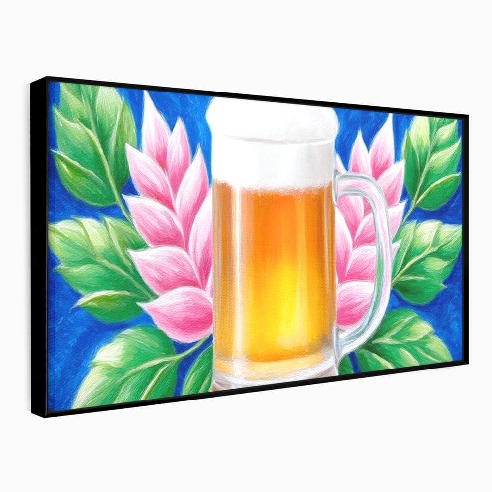 Tablou Canvas Premium, LuxCanva® N1141, Halba de Aur, Flori, Frunze, Bautura, Bere, Halba, Hamei, Racoritor, Spuma, Culori Vibrante, Pub, Bar, Lounge, Restaurant, Bucatarie