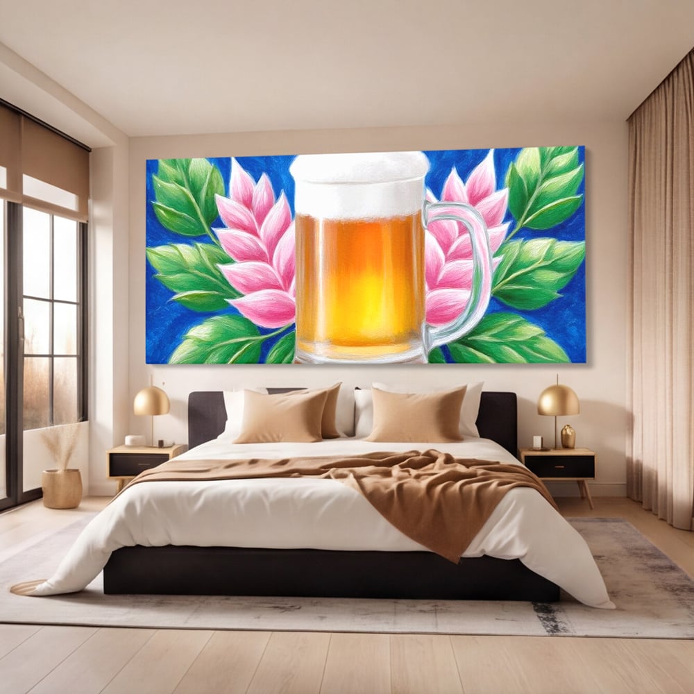 Tablou Canvas Premium, LuxCanva® N1141, Halba de Aur, Flori, Frunze, Bautura, Bere, Halba, Hamei, Racoritor, Spuma, Culori Vibrante, Pub, Bar, Lounge, Restaurant, Bucatarie