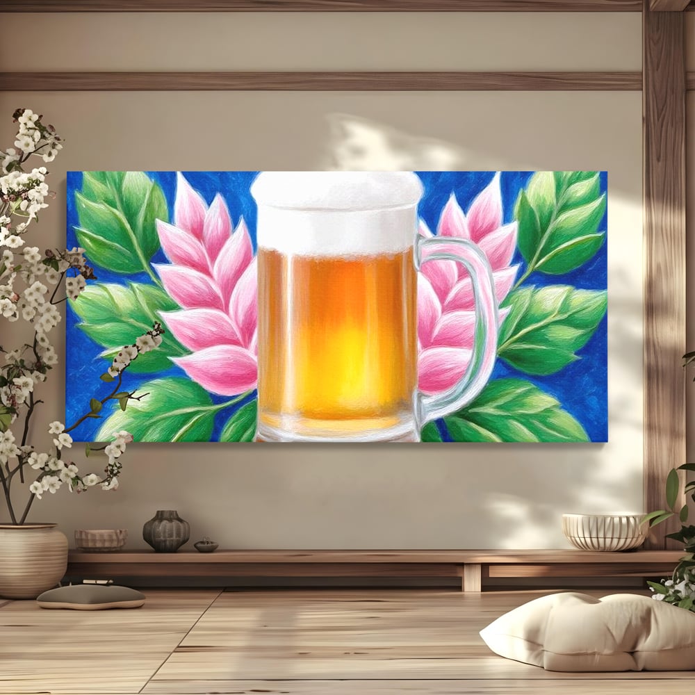 Tablou Canvas Premium, LuxCanva® N1141, Halba de Aur, Flori, Frunze, Bautura, Bere, Halba, Hamei, Racoritor, Spuma, Culori Vibrante, Pub, Bar, Lounge, Restaurant, Bucatarie