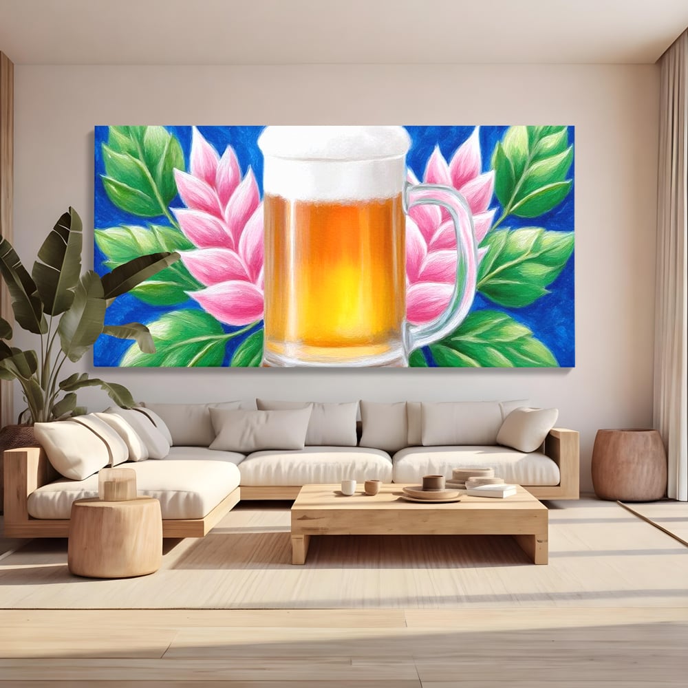 Tablou Canvas Premium, LuxCanva® N1141, Halba de Aur, Flori, Frunze, Bautura, Bere, Halba, Hamei, Racoritor, Spuma, Culori Vibrante, Pub, Bar, Lounge, Restaurant, Bucatarie