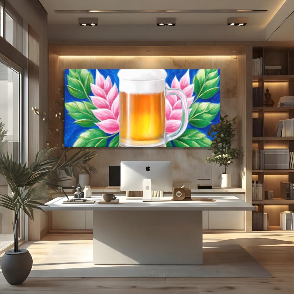 Tablou Canvas Premium, LuxCanva® N1141, Halba de Aur, Flori, Frunze, Bautura, Bere, Halba, Hamei, Racoritor, Spuma, Culori Vibrante, Pub, Bar, Lounge, Restaurant, Bucatarie