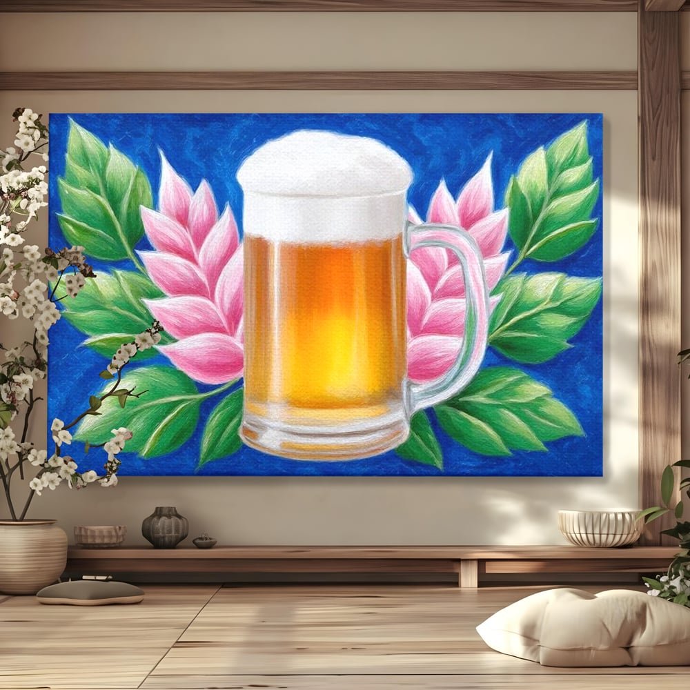 Tablou Canvas Premium, LuxCanva® N1141, Halba de Aur, Flori, Frunze, Bautura, Bere, Halba, Hamei, Racoritor, Spuma, Culori Vibrante, Pub, Bar, Lounge, Restaurant, Bucatarie