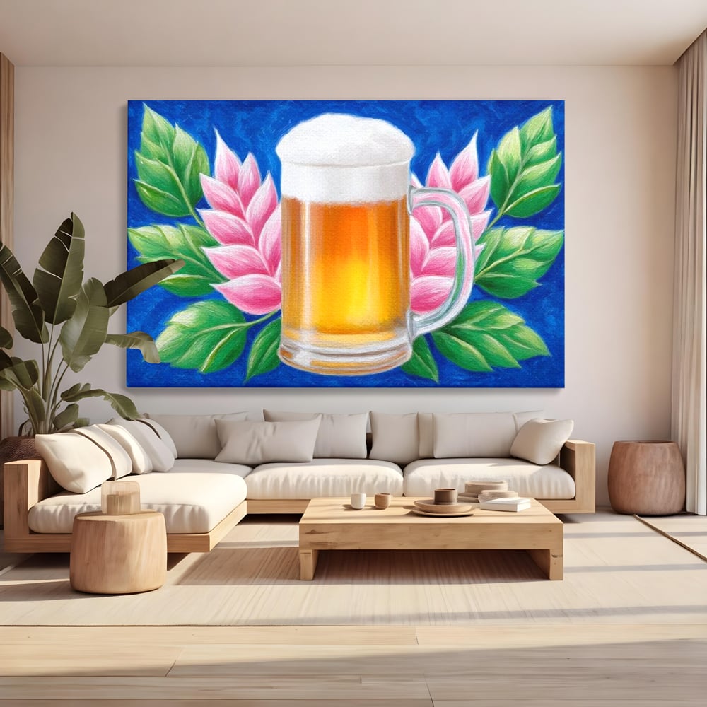 Tablou Canvas Premium, LuxCanva® N1141, Halba de Aur, Flori, Frunze, Bautura, Bere, Halba, Hamei, Racoritor, Spuma, Culori Vibrante, Pub, Bar, Lounge, Restaurant, Bucatarie