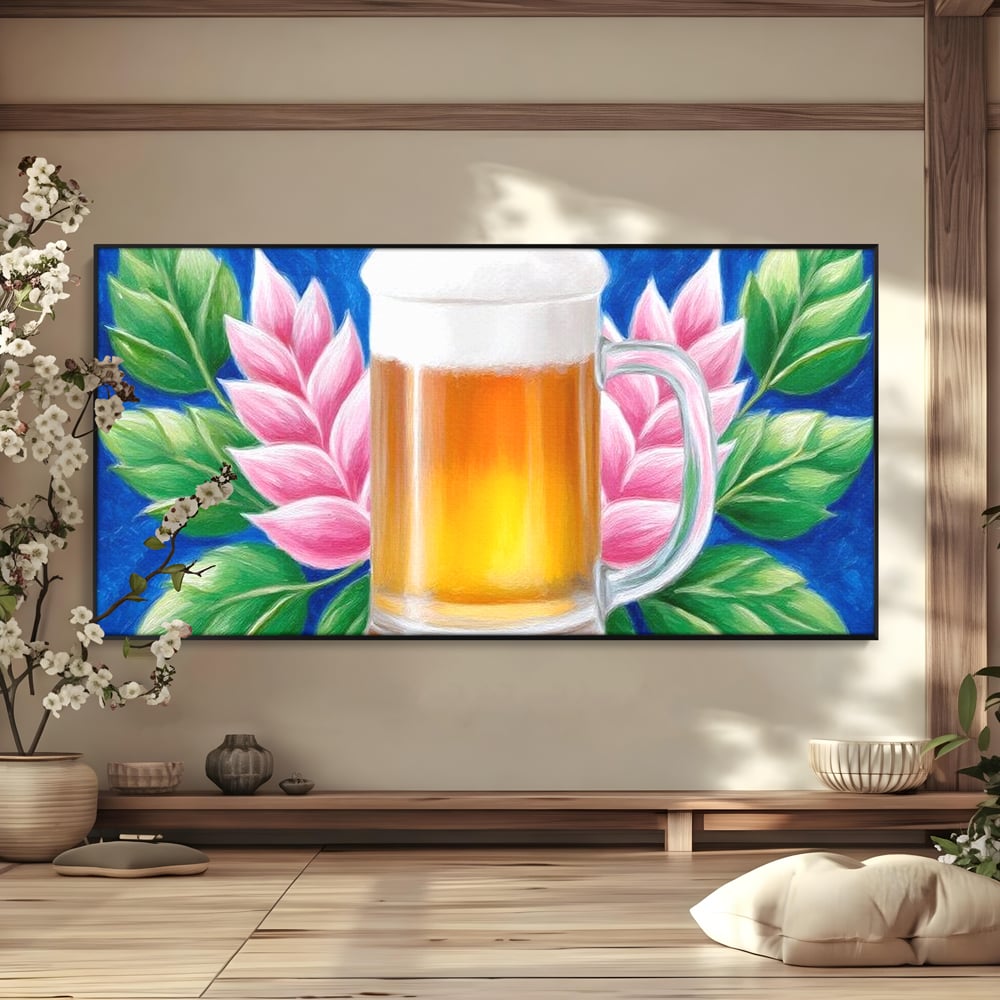 Tablou Canvas Premium, LuxCanva® N1141, Halba de Aur, Flori, Frunze, Bautura, Bere, Halba, Hamei, Racoritor, Spuma, Culori Vibrante, Pub, Bar, Lounge, Restaurant, Bucatarie