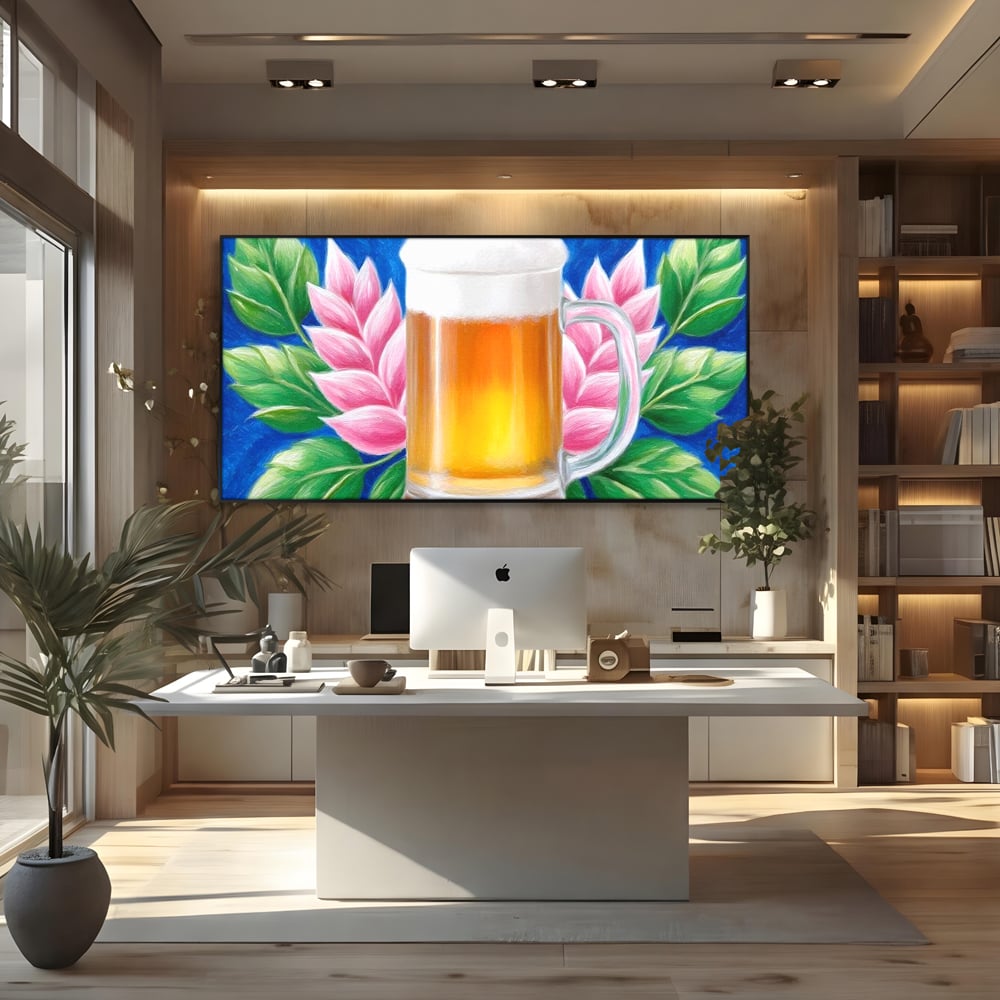Tablou Canvas Premium, LuxCanva® N1141, Halba de Aur, Flori, Frunze, Bautura, Bere, Halba, Hamei, Racoritor, Spuma, Culori Vibrante, Pub, Bar, Lounge, Restaurant, Bucatarie
