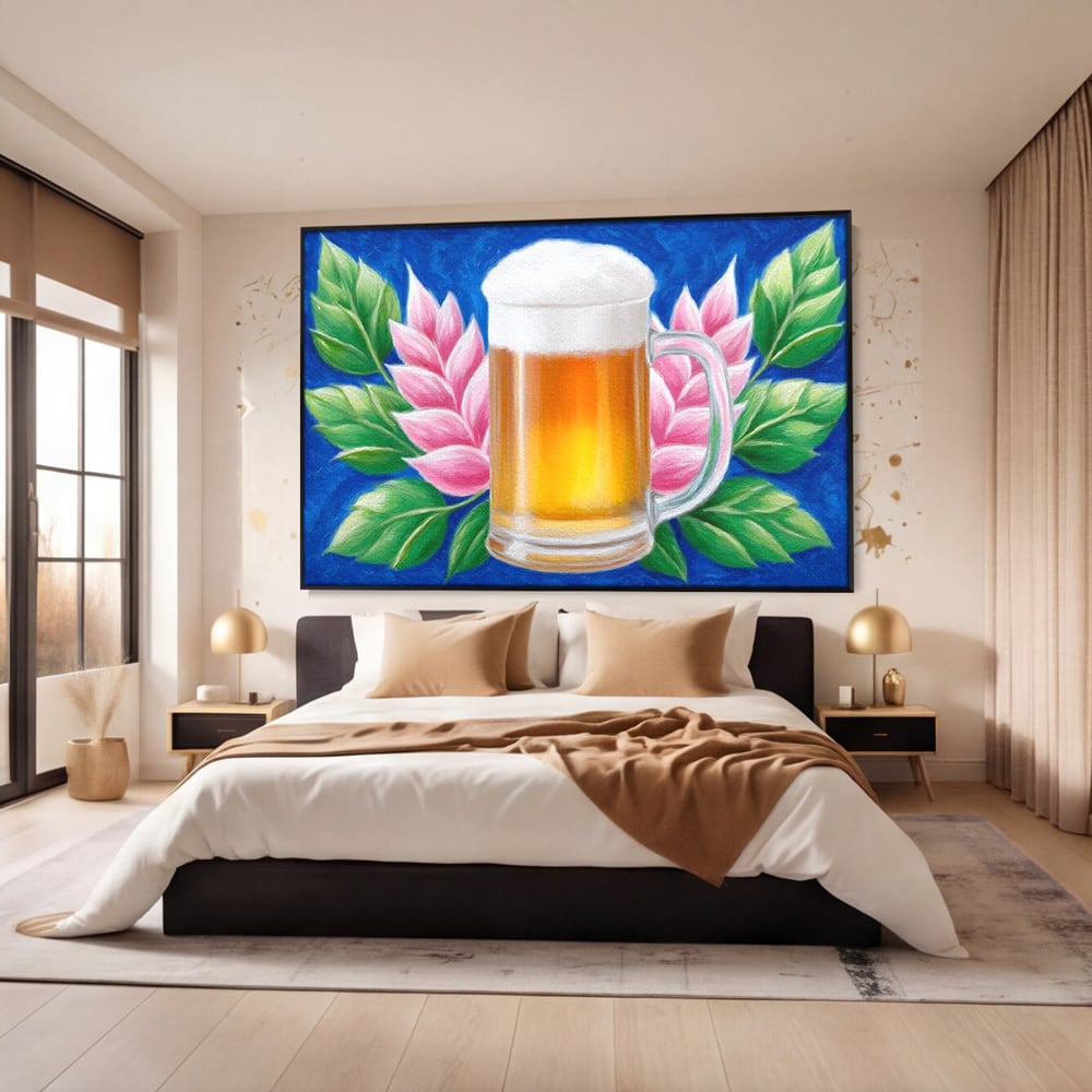 Tablou Canvas Premium, LuxCanva® N1141, Halba de Aur, Flori, Frunze, Bautura, Bere, Halba, Hamei, Racoritor, Spuma, Culori Vibrante, Pub, Bar, Lounge, Restaurant, Bucatarie