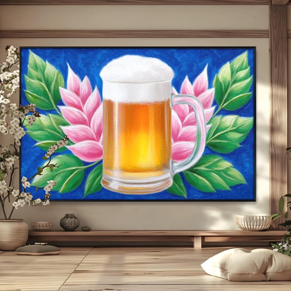 Tablou Canvas Premium, LuxCanva® N1141, Halba de Aur, Flori, Frunze, Bautura, Bere, Halba, Hamei, Racoritor, Spuma, Culori Vibrante, Pub, Bar, Lounge, Restaurant, Bucatarie