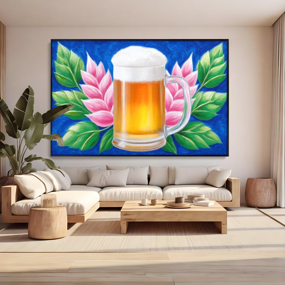 Tablou Canvas Premium, LuxCanva® N1141, Halba de Aur, Flori, Frunze, Bautura, Bere, Halba, Hamei, Racoritor, Spuma, Culori Vibrante, Pub, Bar, Lounge, Restaurant, Bucatarie