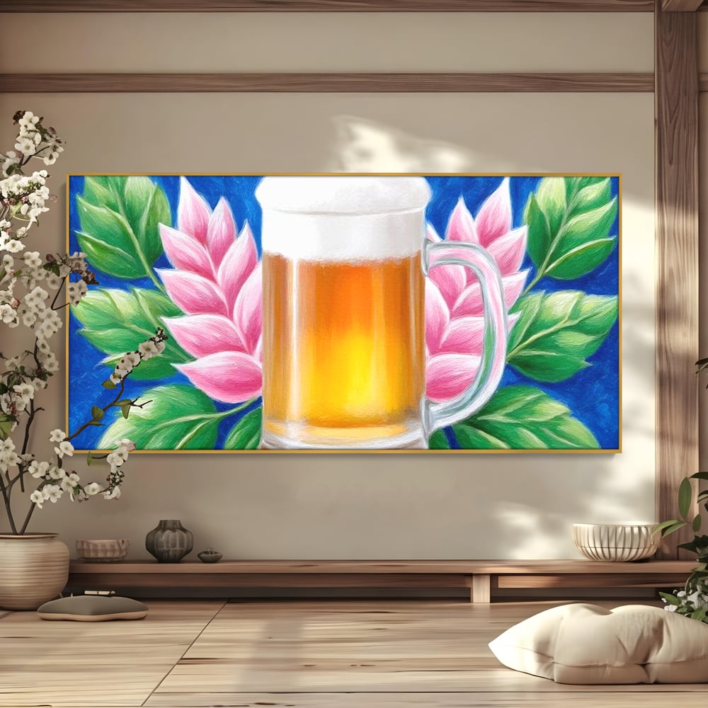 Tablou Canvas Premium, LuxCanva® N1141, Halba de Aur, Flori, Frunze, Bautura, Bere, Halba, Hamei, Racoritor, Spuma, Culori Vibrante, Pub, Bar, Lounge, Restaurant, Bucatarie