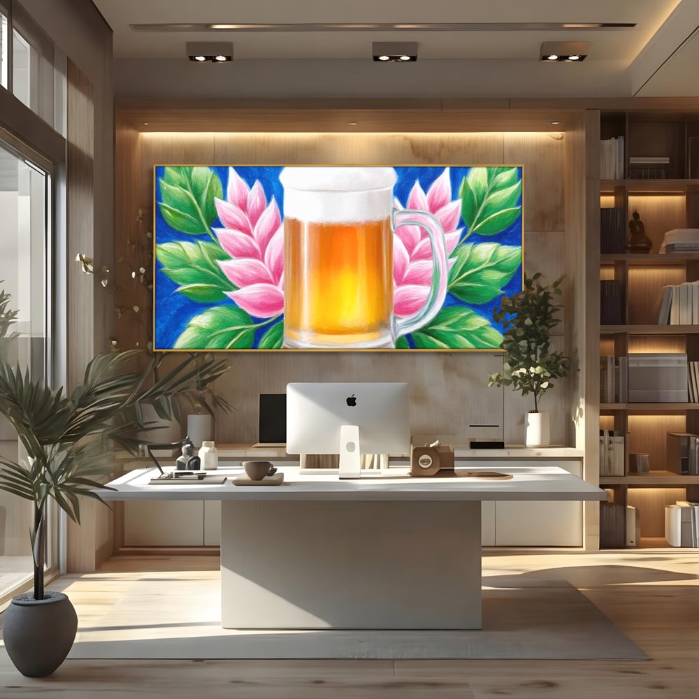 Tablou Canvas Premium, LuxCanva® N1141, Halba de Aur, Flori, Frunze, Bautura, Bere, Halba, Hamei, Racoritor, Spuma, Culori Vibrante, Pub, Bar, Lounge, Restaurant, Bucatarie