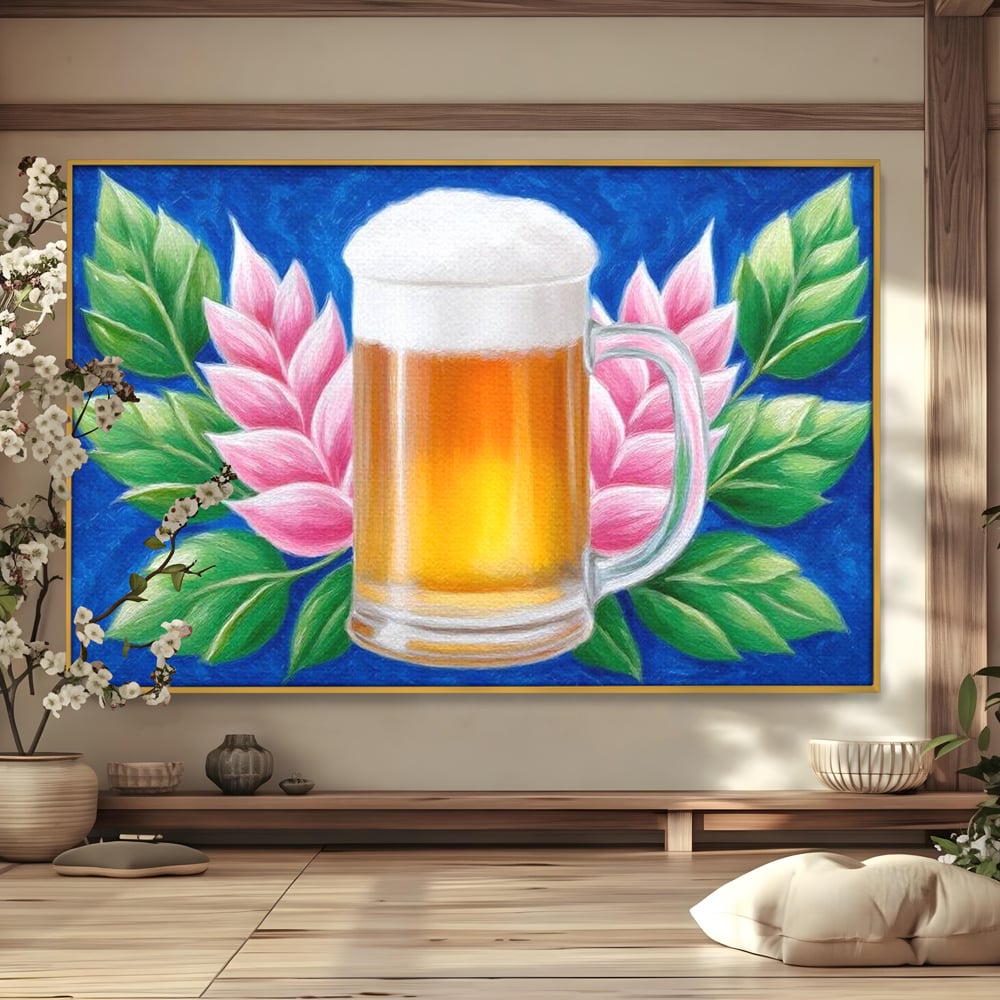 Tablou Canvas Premium, LuxCanva® N1141, Halba de Aur, Flori, Frunze, Bautura, Bere, Halba, Hamei, Racoritor, Spuma, Culori Vibrante, Pub, Bar, Lounge, Restaurant, Bucatarie