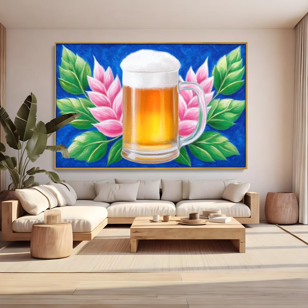 Tablou Canvas Premium, LuxCanva® N1141, Halba de Aur, Flori, Frunze, Bautura, Bere, Halba, Hamei, Racoritor, Spuma, Culori Vibrante, Pub, Bar, Lounge, Restaurant, Bucatarie