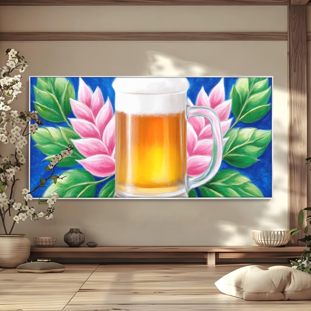 Tablou Canvas Premium, LuxCanva® N1141, Halba de Aur, Flori, Frunze, Bautura, Bere, Halba, Hamei, Racoritor, Spuma, Culori Vibrante, Pub, Bar, Lounge, Restaurant, Bucatarie