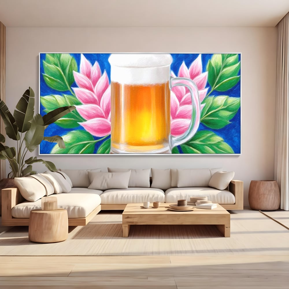 Tablou Canvas Premium, LuxCanva® N1141, Halba de Aur, Flori, Frunze, Bautura, Bere, Halba, Hamei, Racoritor, Spuma, Culori Vibrante, Pub, Bar, Lounge, Restaurant, Bucatarie