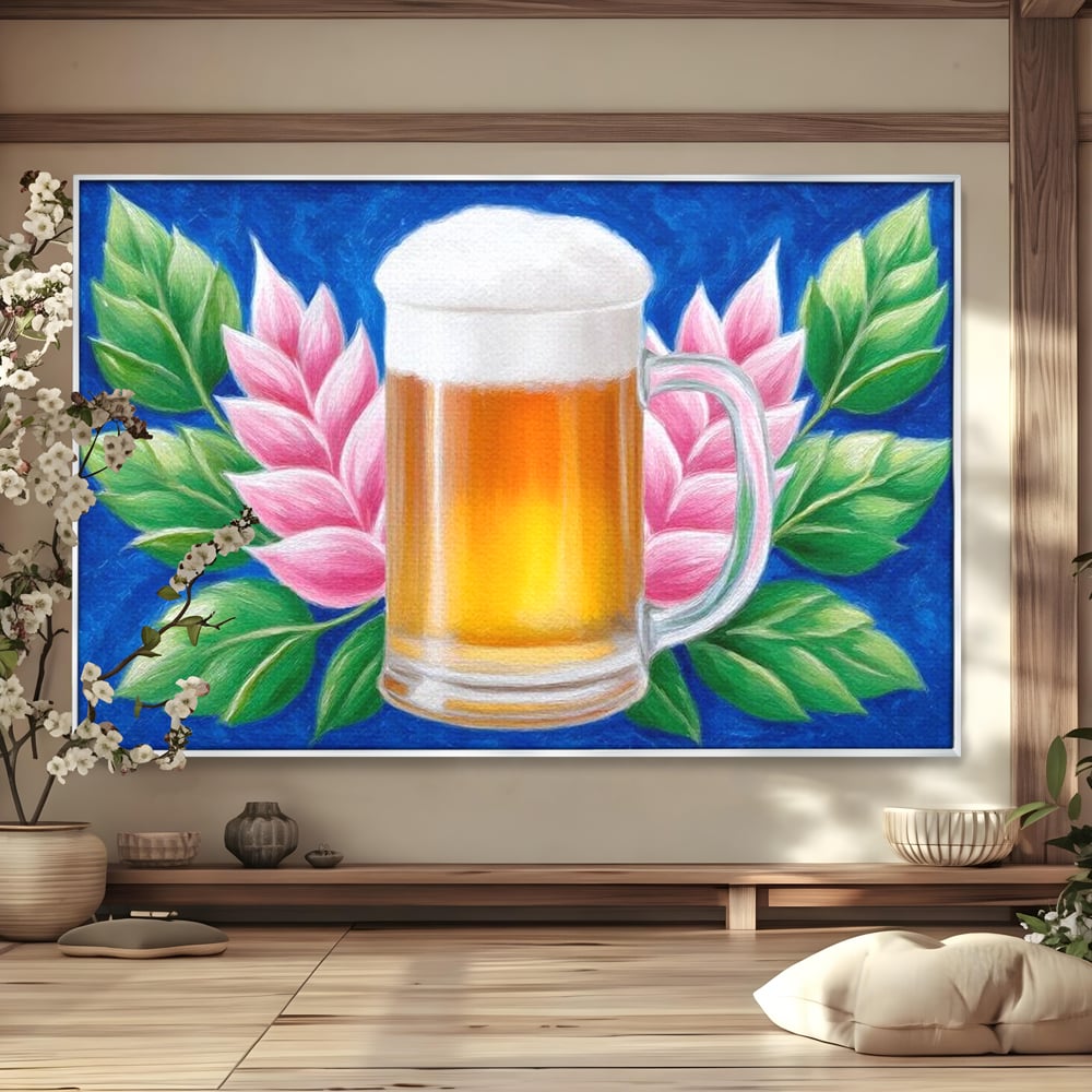 Tablou Canvas Premium, LuxCanva® N1141, Halba de Aur, Flori, Frunze, Bautura, Bere, Halba, Hamei, Racoritor, Spuma, Culori Vibrante, Pub, Bar, Lounge, Restaurant, Bucatarie