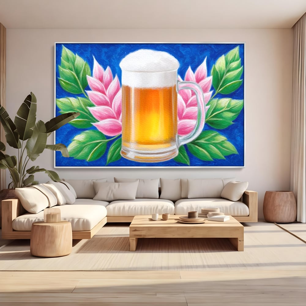 Tablou Canvas Premium, LuxCanva® N1141, Halba de Aur, Flori, Frunze, Bautura, Bere, Halba, Hamei, Racoritor, Spuma, Culori Vibrante, Pub, Bar, Lounge, Restaurant, Bucatarie