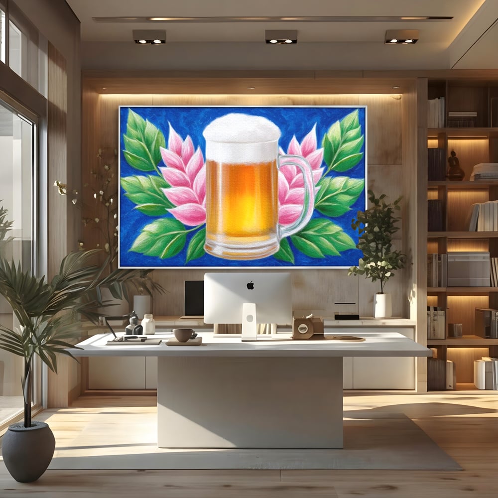 Tablou Canvas Premium, LuxCanva® N1141, Halba de Aur, Flori, Frunze, Bautura, Bere, Halba, Hamei, Racoritor, Spuma, Culori Vibrante, Pub, Bar, Lounge, Restaurant, Bucatarie
