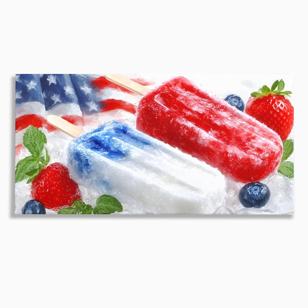 Leinwand Premium Leinwand Wandbilder, LuxCanva® N1142, Amerikanische Leckerei, Eiscreme, Obst, Sommer, Amerika, Flagge, Erdbeere, Blaubeere, Minze, Kühlbox, Dessert, Süßes, Eiscreme, Restaurant, Restaurant, Küche