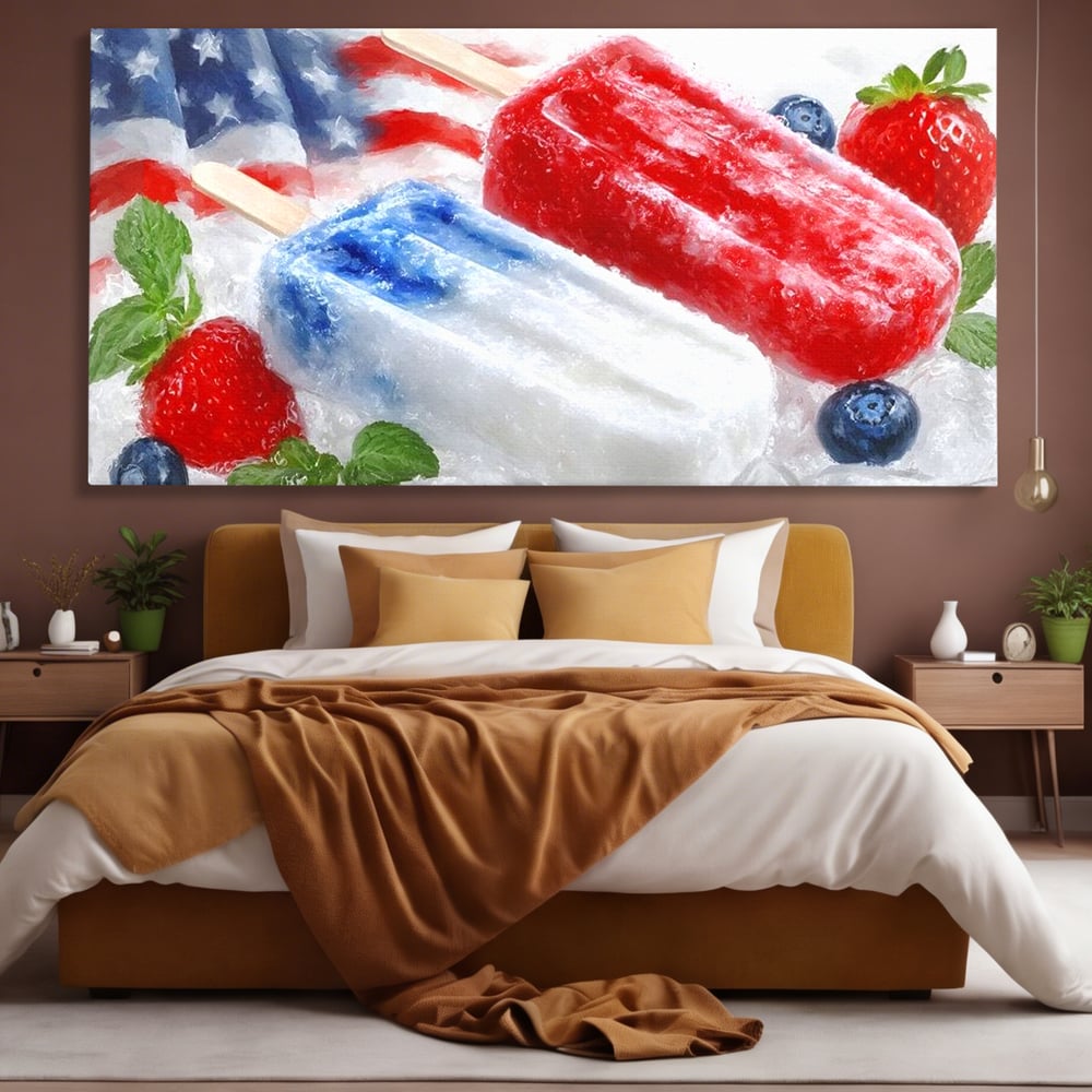 Leinwand Premium Leinwand Wandbilder, LuxCanva® N1142, Amerikanische Leckerei, Eiscreme, Obst, Sommer, Amerika, Flagge, Erdbeere, Blaubeere, Minze, Kühlbox, Dessert, Süßes, Eiscreme, Restaurant, Restaurant, Küche