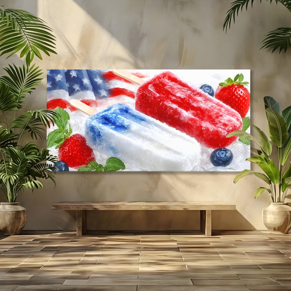 Leinwand Premium Leinwand Wandbilder, LuxCanva® N1142, Amerikanische Leckerei, Eiscreme, Obst, Sommer, Amerika, Flagge, Erdbeere, Blaubeere, Minze, Kühlbox, Dessert, Süßes, Eiscreme, Restaurant, Restaurant, Küche