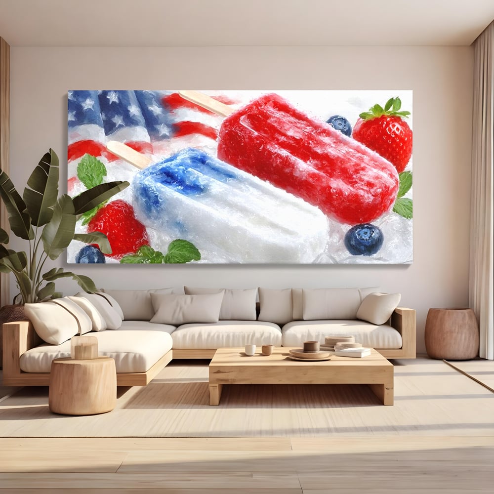 Leinwand Premium Leinwand Wandbilder, LuxCanva® N1142, Amerikanische Leckerei, Eiscreme, Obst, Sommer, Amerika, Flagge, Erdbeere, Blaubeere, Minze, Kühlbox, Dessert, Süßes, Eiscreme, Restaurant, Restaurant, Küche