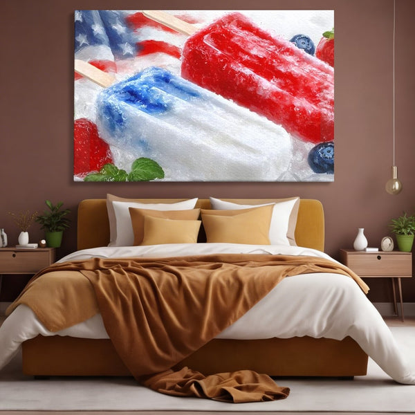 Leinwand Premium Leinwand Wandbilder, LuxCanva® N1142, Amerikanische Leckerei, Eiscreme, Obst, Sommer, Amerika, Flagge, Erdbeere, Blaubeere, Minze, Kühlbox, Dessert, Süßes, Eiscreme, Restaurant, Restaurant, Küche