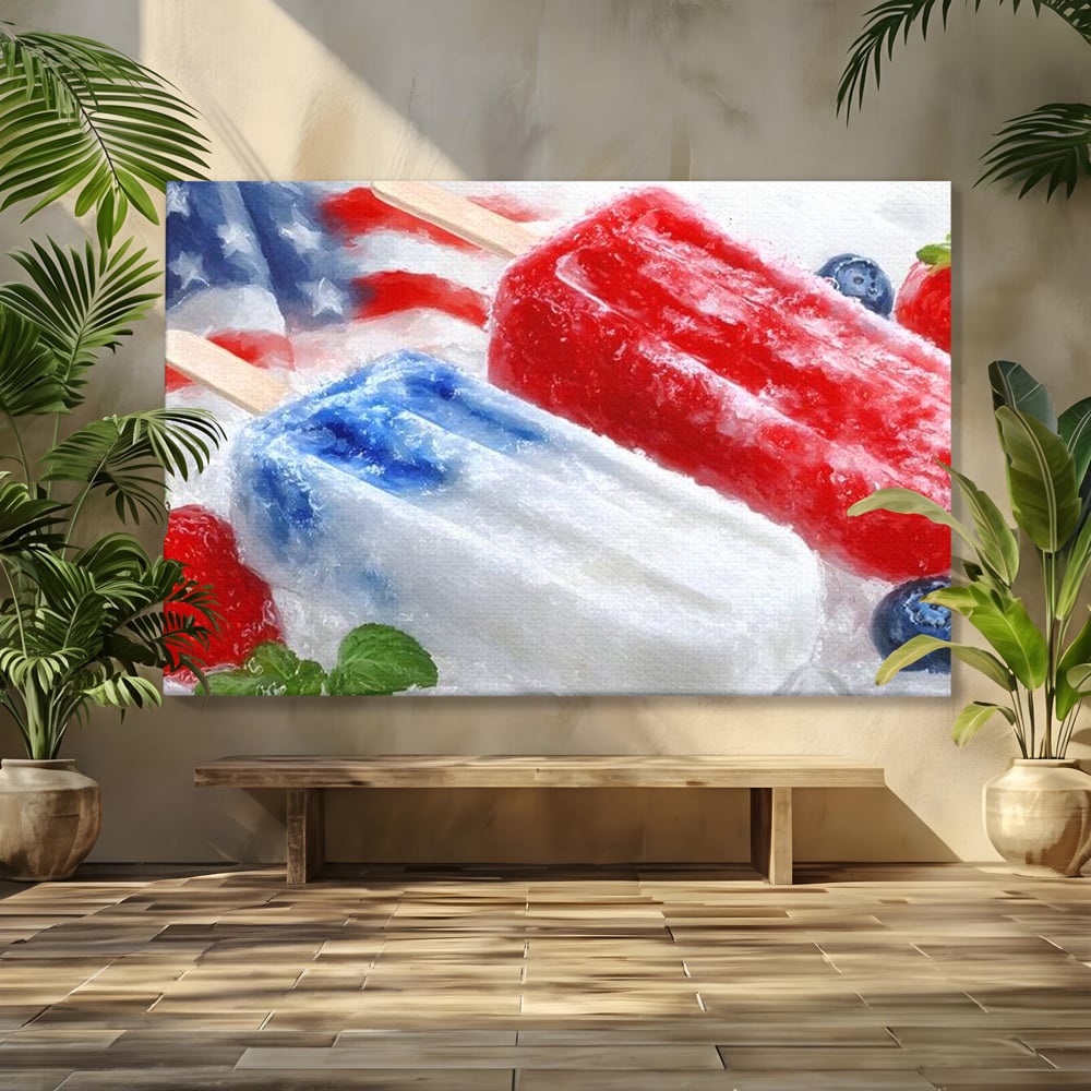 Leinwand Premium Leinwand Wandbilder, LuxCanva® N1142, Amerikanische Leckerei, Eiscreme, Obst, Sommer, Amerika, Flagge, Erdbeere, Blaubeere, Minze, Kühlbox, Dessert, Süßes, Eiscreme, Restaurant, Restaurant, Küche