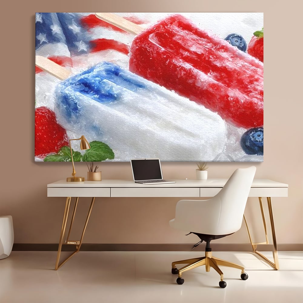 Leinwand Premium Leinwand Wandbilder, LuxCanva® N1142, Amerikanische Leckerei, Eiscreme, Obst, Sommer, Amerika, Flagge, Erdbeere, Blaubeere, Minze, Kühlbox, Dessert, Süßes, Eiscreme, Restaurant, Restaurant, Küche