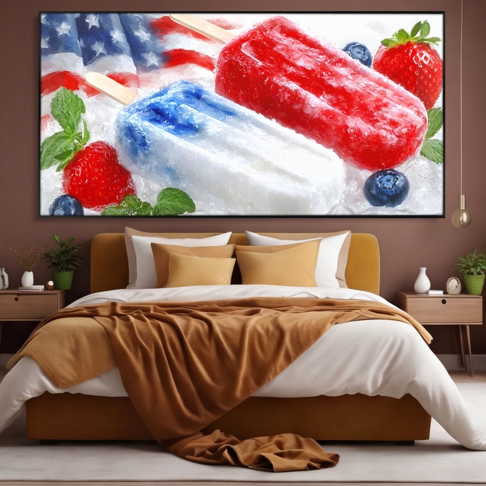 Leinwand Premium Leinwand Wandbilder, LuxCanva® N1142, Amerikanische Leckerei, Eiscreme, Obst, Sommer, Amerika, Flagge, Erdbeere, Blaubeere, Minze, Kühlbox, Dessert, Süßes, Eiscreme, Restaurant, Restaurant, Küche