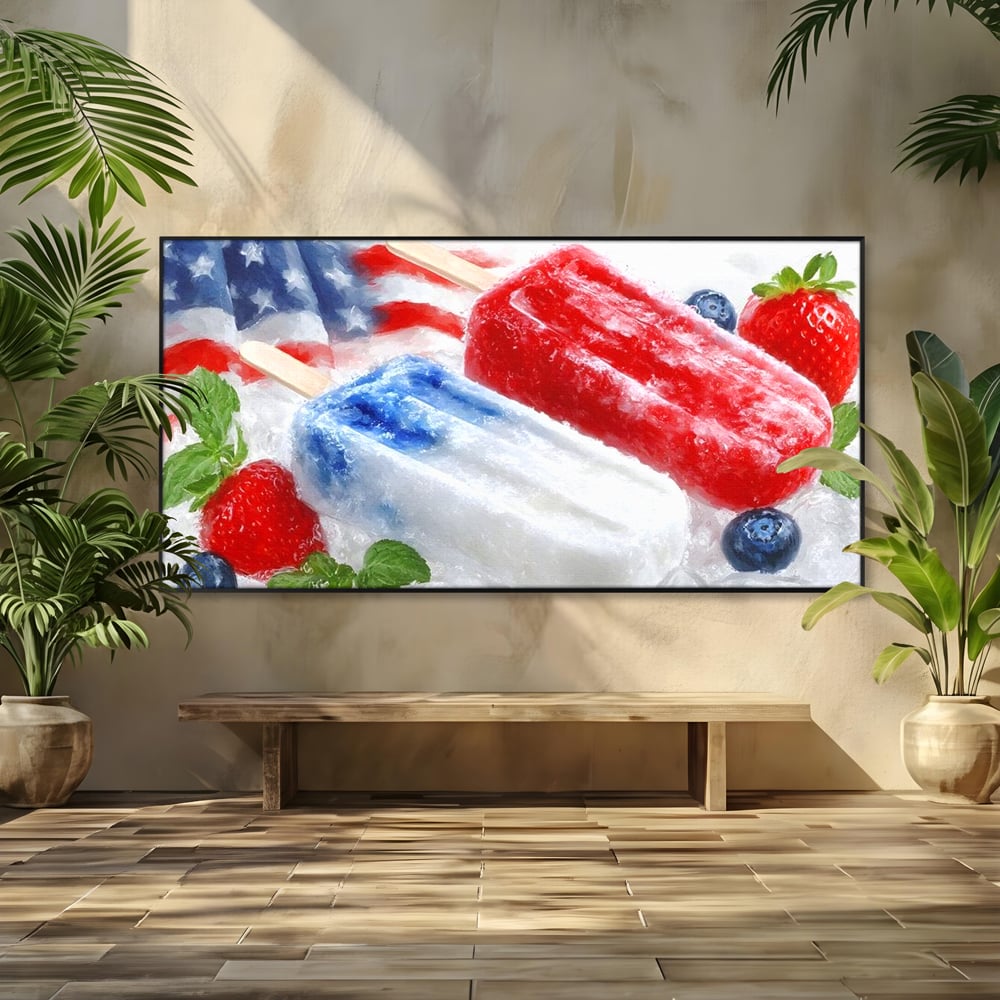 Leinwand Premium Leinwand Wandbilder, LuxCanva® N1142, Amerikanische Leckerei, Eiscreme, Obst, Sommer, Amerika, Flagge, Erdbeere, Blaubeere, Minze, Kühlbox, Dessert, Süßes, Eiscreme, Restaurant, Restaurant, Küche