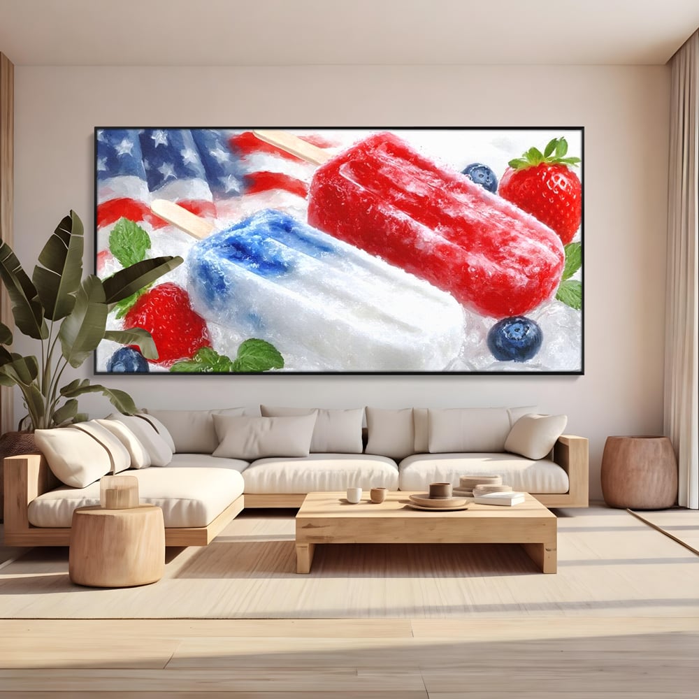 Leinwand Premium Leinwand Wandbilder, LuxCanva® N1142, Amerikanische Leckerei, Eiscreme, Obst, Sommer, Amerika, Flagge, Erdbeere, Blaubeere, Minze, Kühlbox, Dessert, Süßes, Eiscreme, Restaurant, Restaurant, Küche