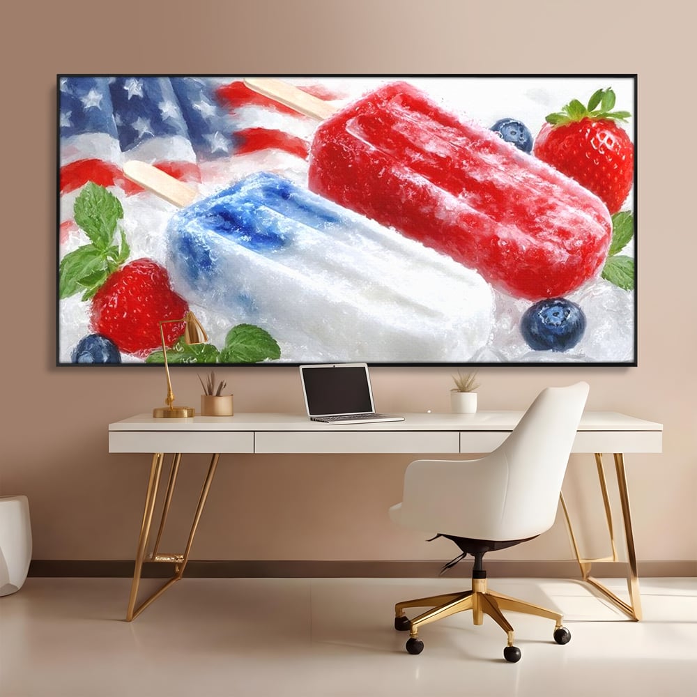Leinwand Premium Leinwand Wandbilder, LuxCanva® N1142, Amerikanische Leckerei, Eiscreme, Obst, Sommer, Amerika, Flagge, Erdbeere, Blaubeere, Minze, Kühlbox, Dessert, Süßes, Eiscreme, Restaurant, Restaurant, Küche