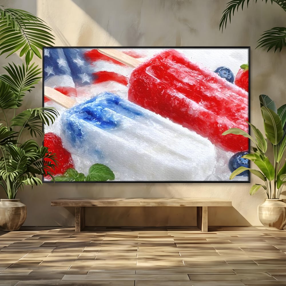 Leinwand Premium Leinwand Wandbilder, LuxCanva® N1142, Amerikanische Leckerei, Eiscreme, Obst, Sommer, Amerika, Flagge, Erdbeere, Blaubeere, Minze, Kühlbox, Dessert, Süßes, Eiscreme, Restaurant, Restaurant, Küche