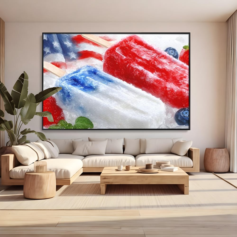 Leinwand Premium Leinwand Wandbilder, LuxCanva® N1142, Amerikanische Leckerei, Eiscreme, Obst, Sommer, Amerika, Flagge, Erdbeere, Blaubeere, Minze, Kühlbox, Dessert, Süßes, Eiscreme, Restaurant, Restaurant, Küche